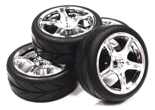 5 Spoke Complete Wheel & Tire Set (4) for 1/10 Touring Car W=26mm Offset 2.5mm
