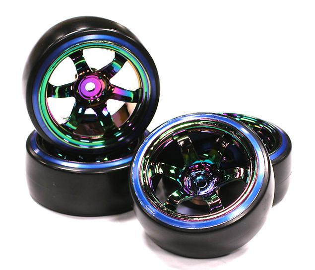 C23626BLUE 6 Spoke Wheel w/Outer Ring + Drift Tire (4) Set W=26mm Offset 10.5mm - Image 1