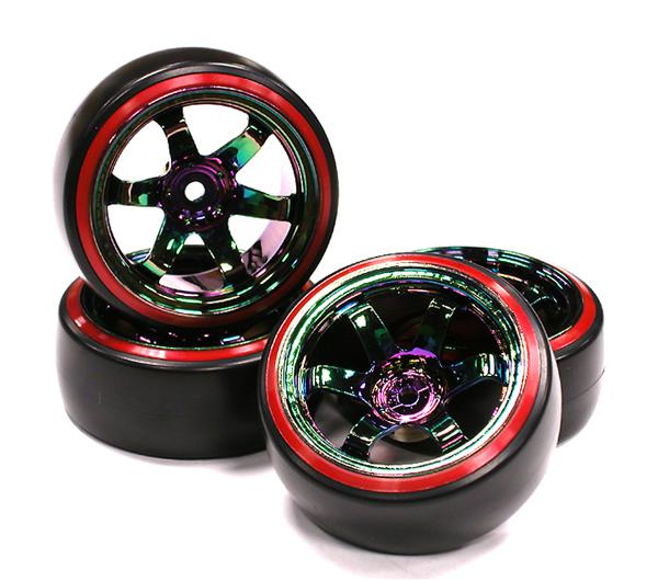 C23626RED 6 Spoke Wheel w/Outer Ring + Drift Tire (4) Set W=26mm Offset 10.5mm - Image 1