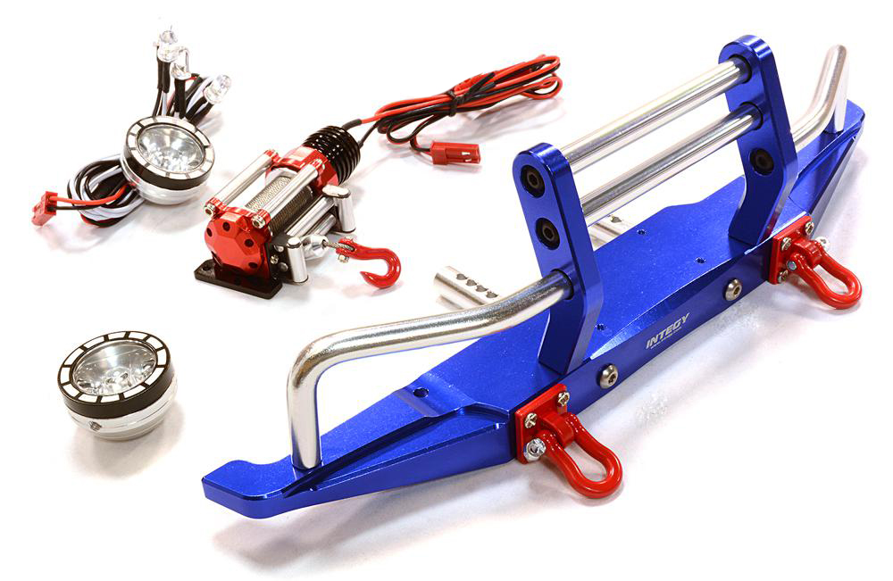 C26546BLUE Machined Front Bumper w/ Winch & LED (2) for SCX-10 Dingo & Honcho 43mm Mount - Image 1