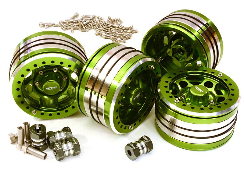 C27033GREEN 2.2x1.5-in. Machined High Mass Wheel (4) w/14mm Offset Hubs for 1/10 Crawler - Image 1