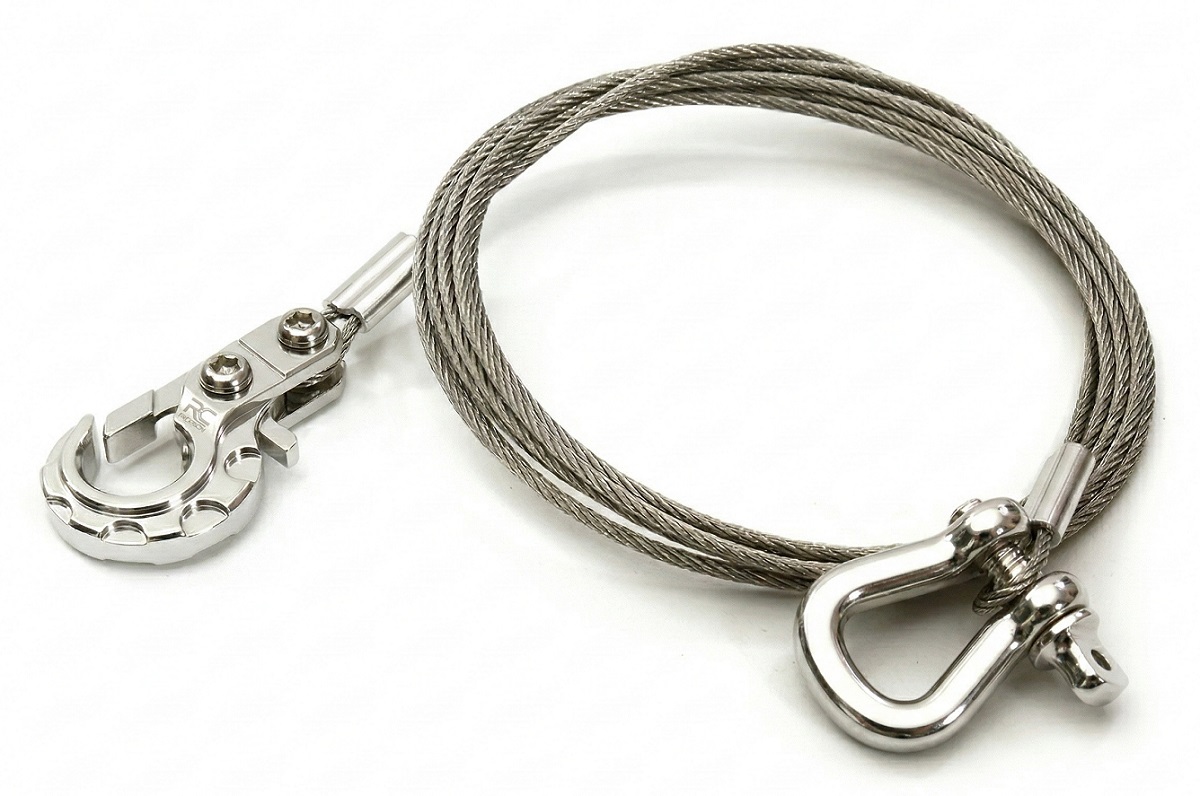 C28414SILVER Realistic 1/10 Scale Steel Tow Cable, D-Ring & Tow Hooks for Off-Road Crawler - Image 1