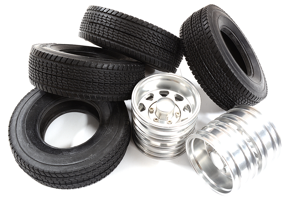 C31128 Machined Alloy Rear Dually Wheels and Tires for 1/14 Scale Truck Silver - Image 1