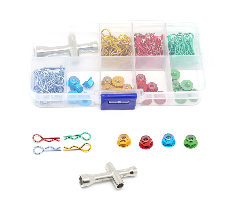C31190 1/10 Color Body Clips, M4 Hex Wheel Nuts & 4-Way Cross Wrench w/ Carrying Box - Image 1