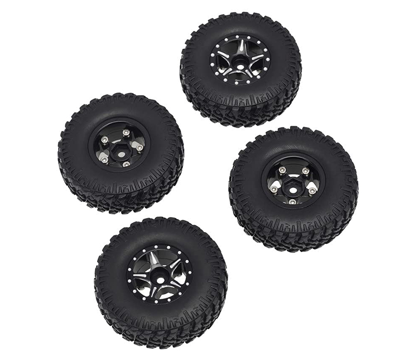 C31216BLACK Alloy Machined Black Wheels (4) w/Rubber Tires for Axial 1/24 SCX24 Rock Crawler - Image 1