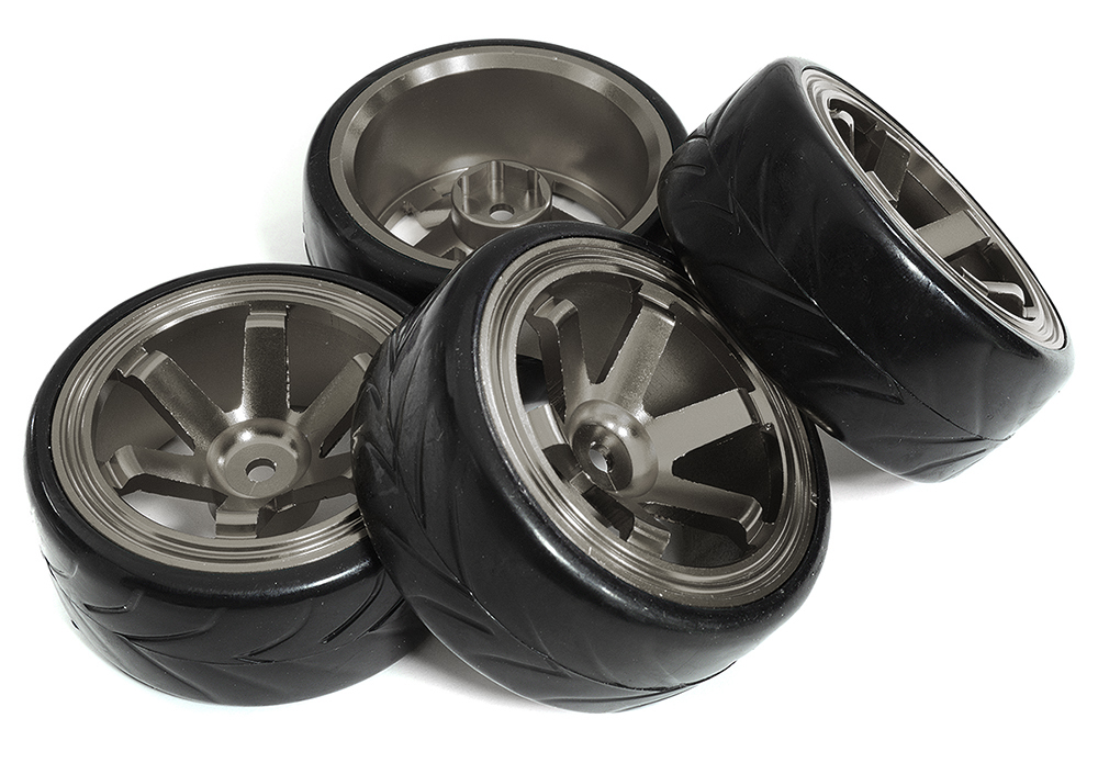 C31347GUN 6 Spoke Wheel & Tire Set (4) for Drift Racing (O.D.=62mm) W=26mm Offset 6.5mm - Image 1