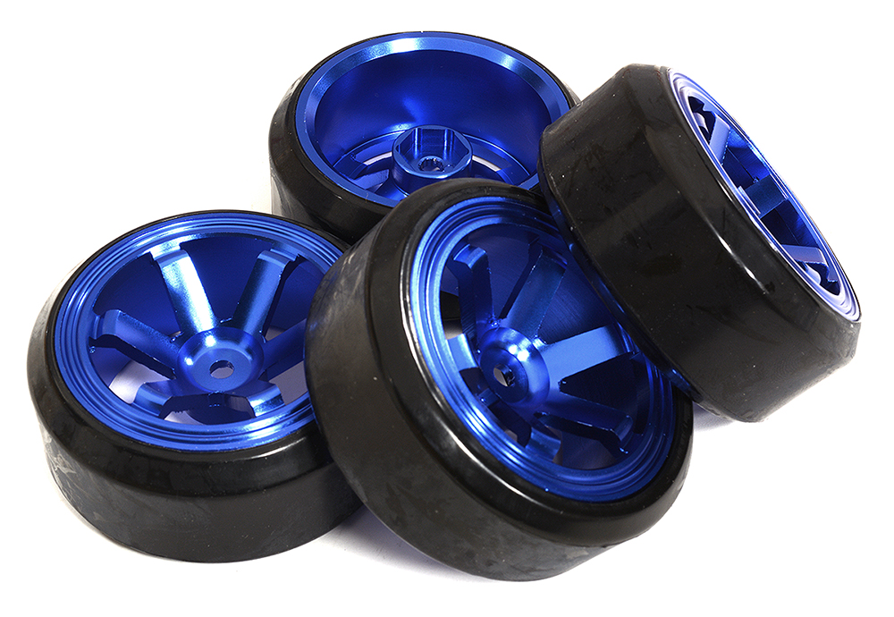 C31348BLUE 6 Spoke Wheel & Tire Set (4) for Drift Racing (O.D.=62mm) W=26mm Offset 6.5mm - Image 1