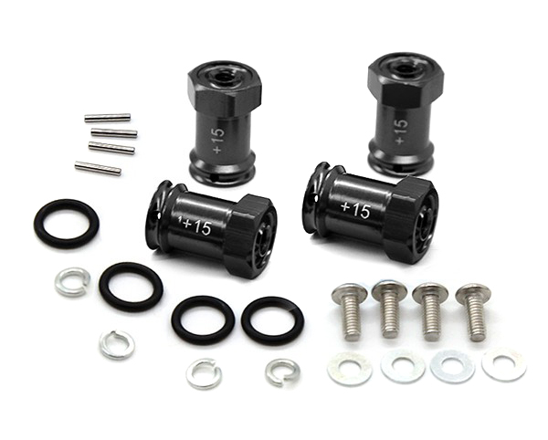 C31502BLACK Black Alloy Machined Hex Wheel Adapters +15mm Offset for 1/16 RC Cars - Image 1