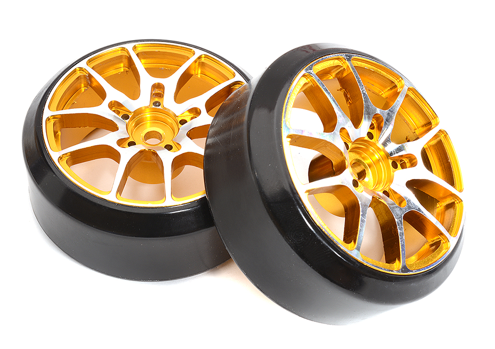 C32834GOLD Alloy Machined 10-Spoke Wheel & Tire Set (2) for 1/10 Drift W=26mm Offset 3.5mm - Image 1
