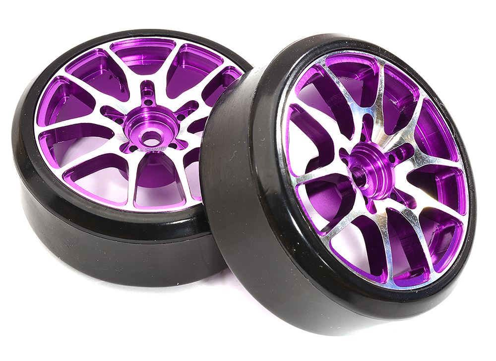 C32834PURPLE Alloy Machined 10-Spoke Wheel & Tire Set (2) for 1/10 Drift W=26mm Offset 3.5mm - Image 1