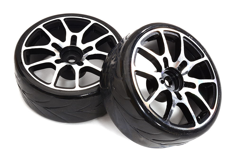 C32835BLACK Alloy Machined 10 Spoke Wheel & Tire Set (2) for 1/10 Drift W=26mm Offset 3.5mm - Image 1