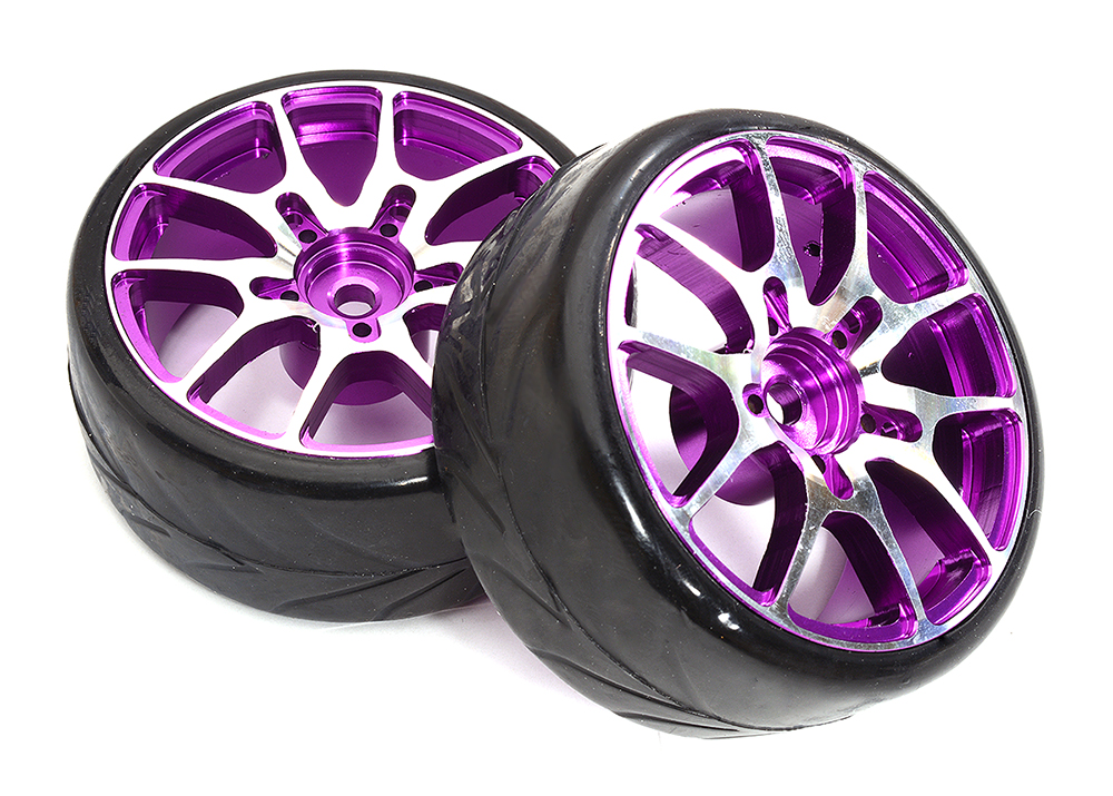 C32835PURPLE Alloy Machined 10 Spoke Wheel & Tire Set (2) for 1/10 Drift W=26mm Offset 3.5mm - Image 1