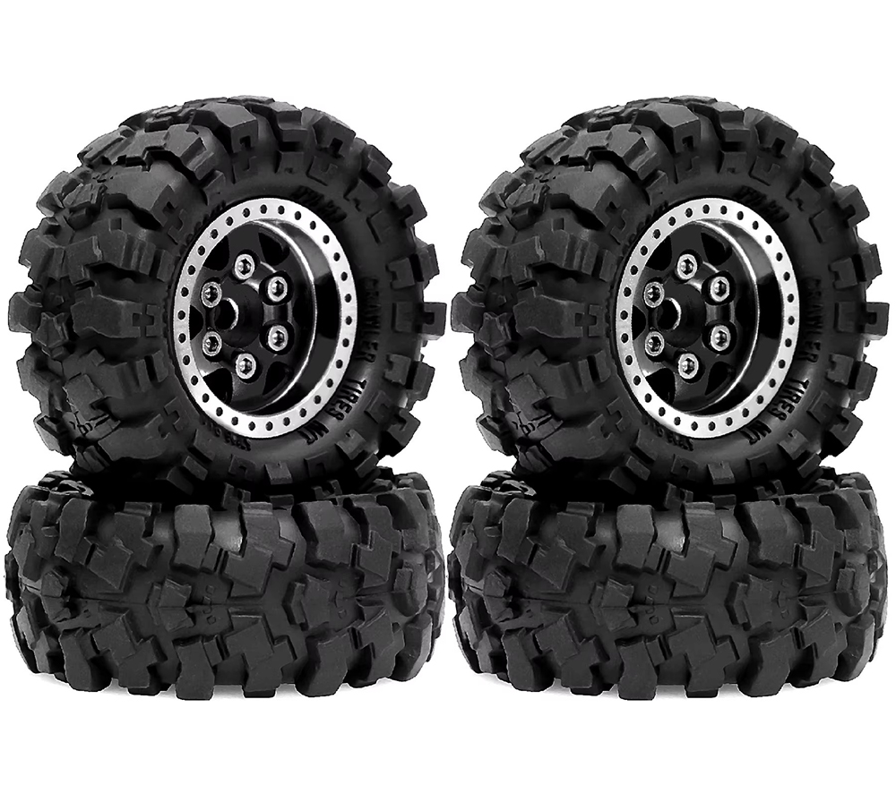 C34025BLACK Alloy 1.0 Wheel (4) w/ Rubber Tires for TRX-4M & SCX24 O.D.=57mm - Image 1