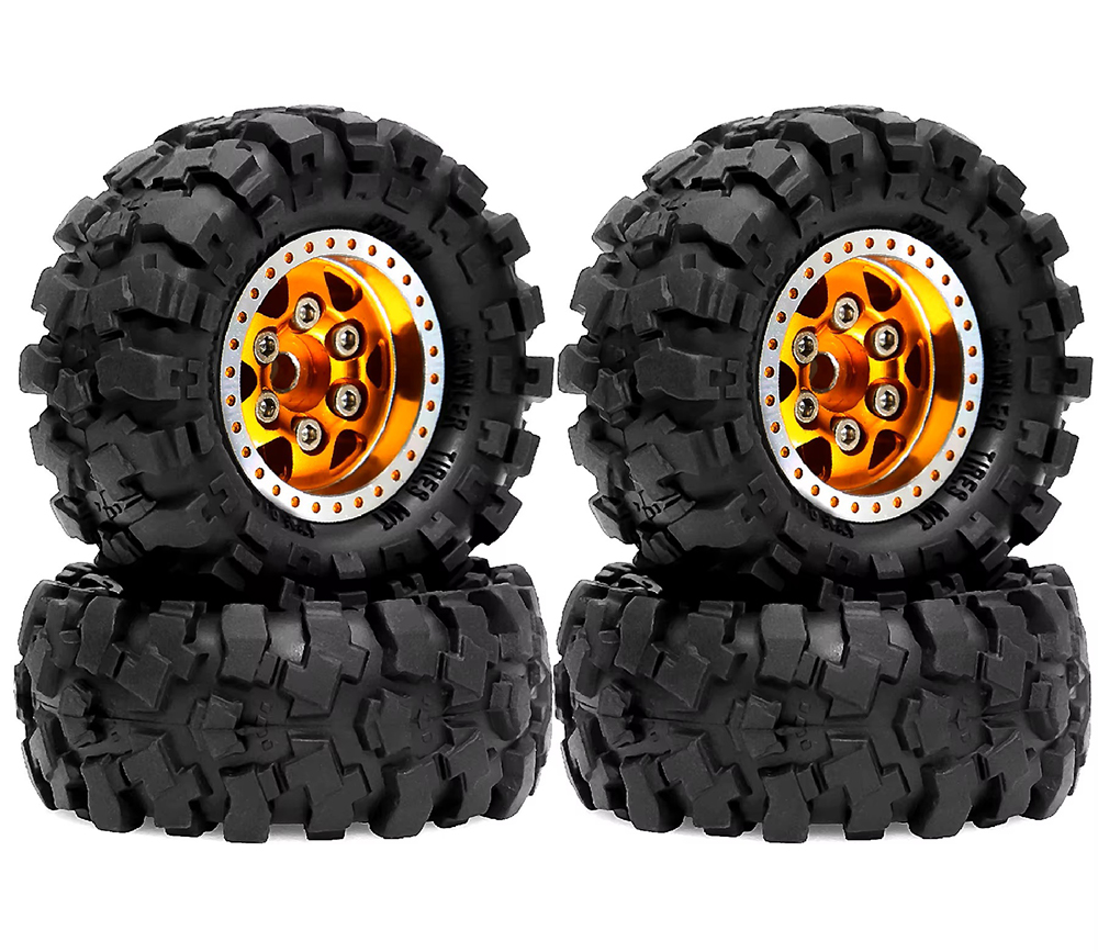 C34025GOLD Alloy 1.0 Wheel (4) w/ Rubber Tires for TRX-4M & SCX24 O.D.=57mm - Image 1